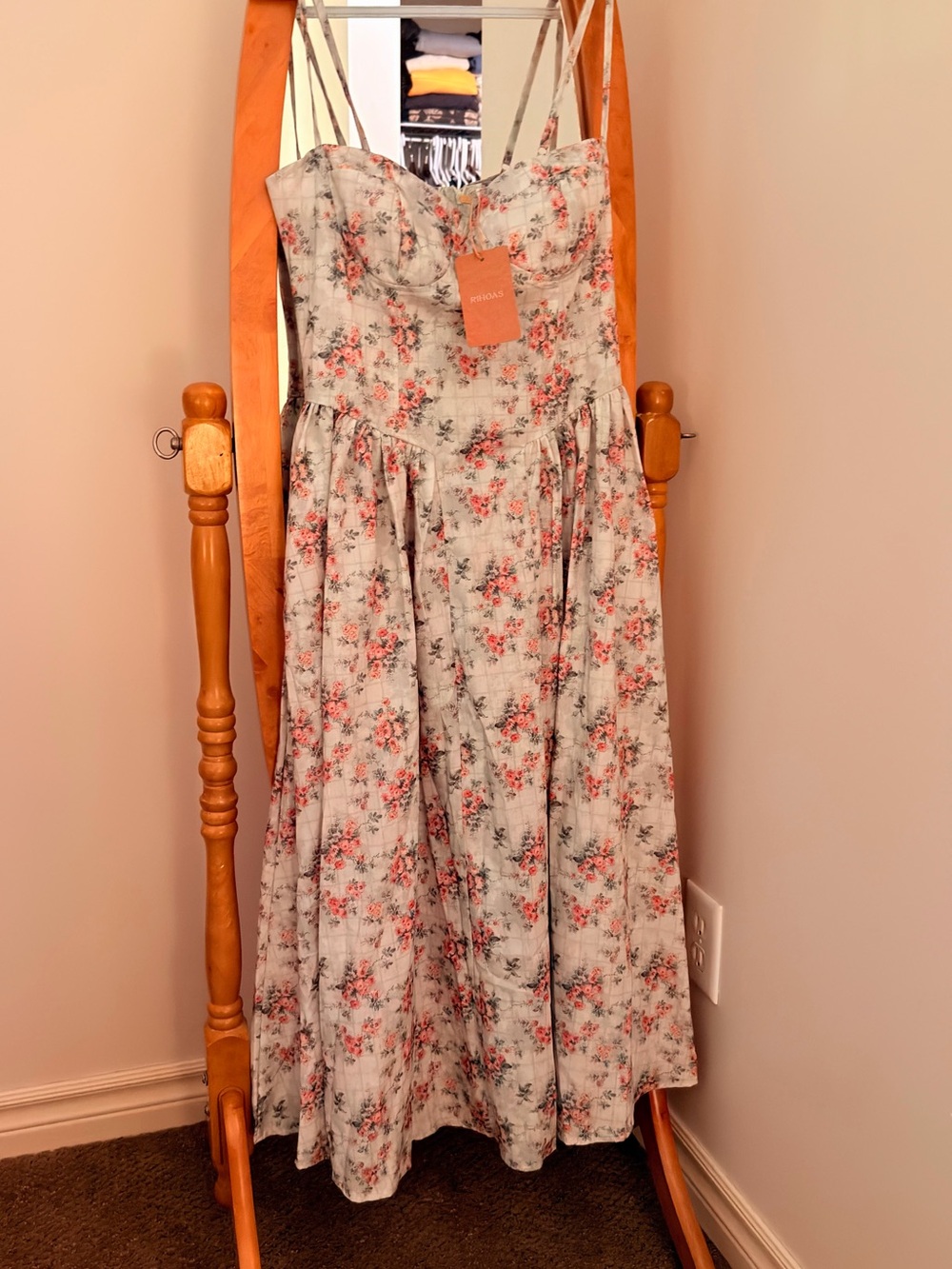 Rihoas Floral Cotton Midi Dress in Cream with Pink Roses